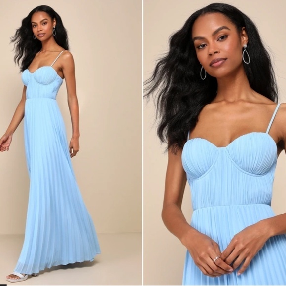 LULU's Prom Wedding Bridesmaid Sexy Pleated Bustier Romantic Flowy Maxi Dress - Picture 3 of 4
